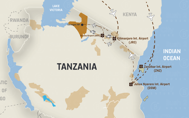 getting to serengeti by car fly map bush2city